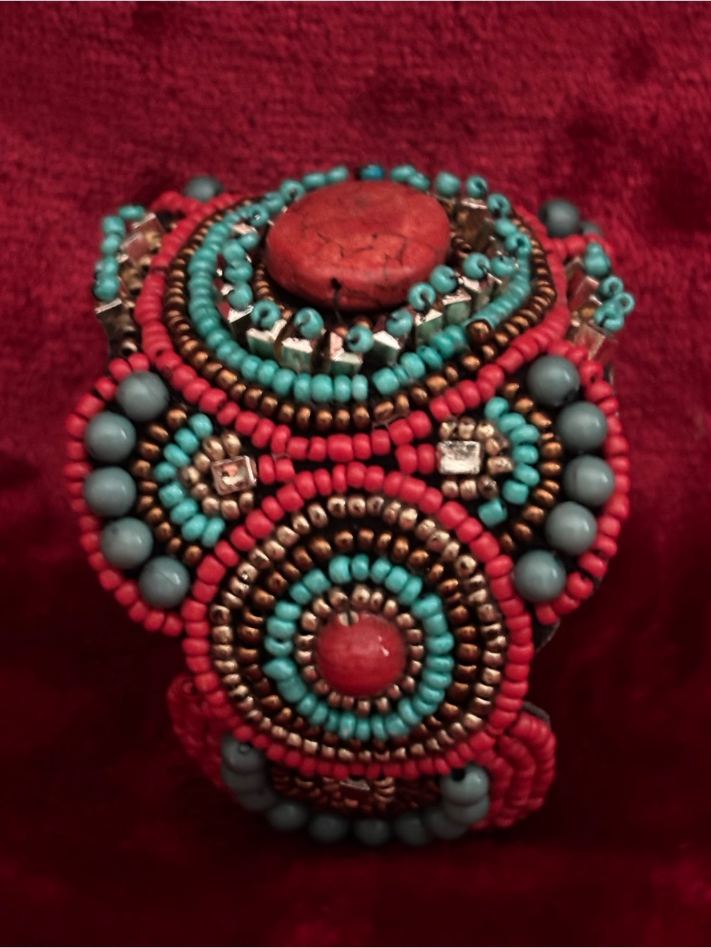 Beaded Red and Turquoise Statement Cuff Bracelet